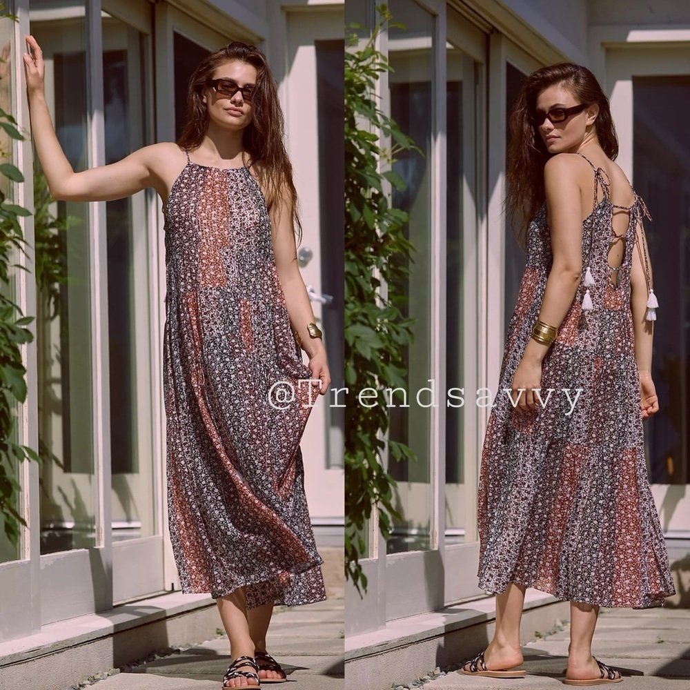 Anthropologie Shirred Floral Tiered Maxi Dress Wine Boho Petite SP NWT Resort